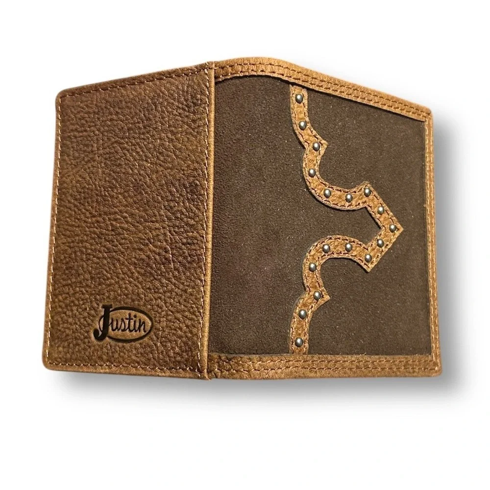 Justin Brown Genuine Leather Suede RFID Front Pocket Studded Slim Wallet Western